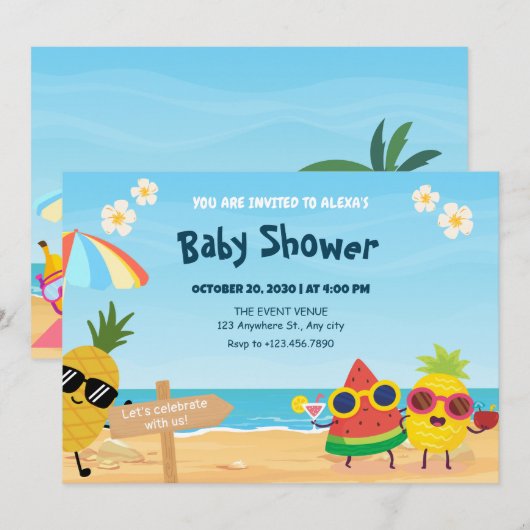 PPlayful summer beach cartoon fruit baby shower Kaart (Voorkant / Achterkant)