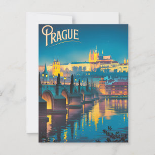 Praag aan de nachtelijke vintage briefkaart