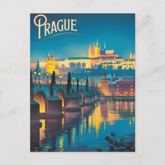 Praag aan de nachtelijke vintage briefkaart (Voorkant)