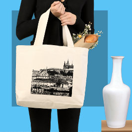 Praag, beroemde uitzichten, tekening (canvaszak) grote tote bag