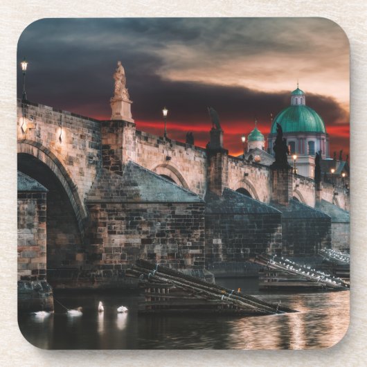 Praag Charles Brug Nacht Harde Plastic Onderzetter (Voorkant)