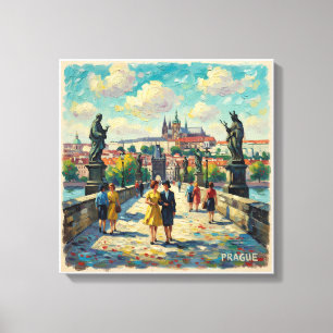 Praag Charles Brug Vintage Scene Uitgerekte Canvas Afdruk