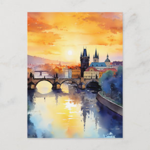Praag Charlesbrug Zonsondergang Aquarel Reizen Briefkaart