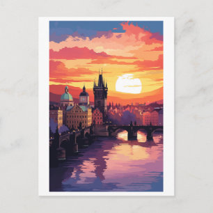 Praag Charlesbrug Zonsondergang Vintage Reizen Briefkaart