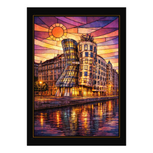 Praag Dancing House Gebrandschilderd Glas Zonsonde Foto Afdruk