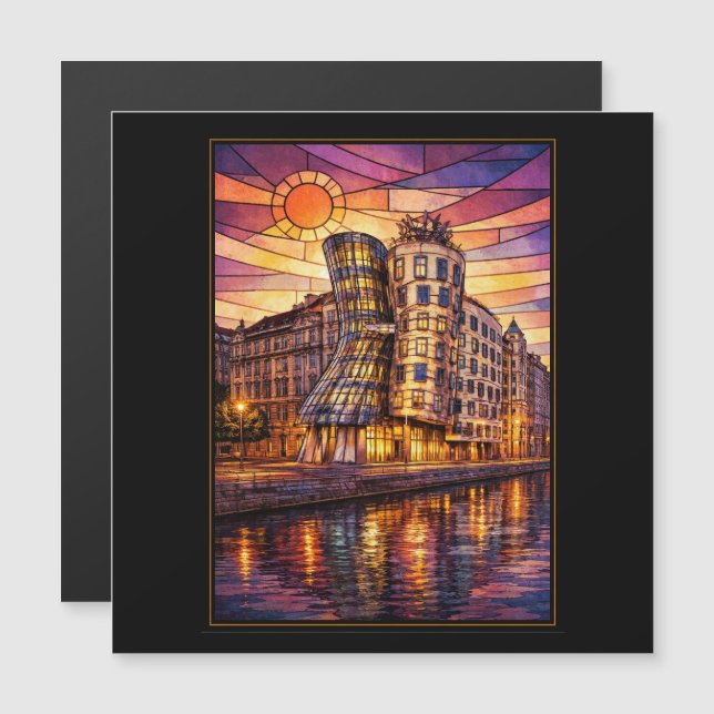 Praag Dansend Huis Gebrandschilderd Glas Zonsonder (Voorkant / Achterkant)