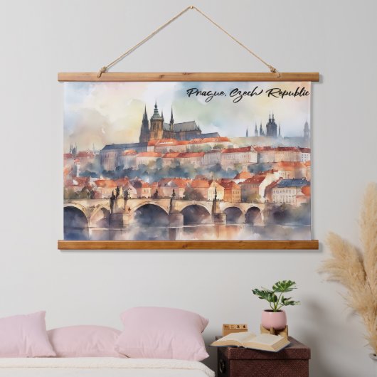 Praag Tsjechië Aquarel Panorama Uitzicht Hangend Wandkleed (Slaapkamer)