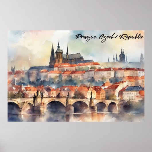 Praag Tsjechië Aquarel Panorama Uitzicht Poster (Voorkant)