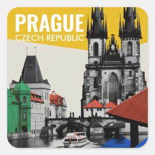 Praag Tsjechië Oude Stad Silhouet Collage Vierkante Sticker