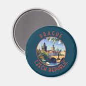Praag Tsjechië Retro Distressed Circle Magneet (Voorkant / Achterkant)