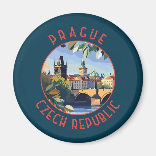 Praag Tsjechië Retro Distressed Circle Magneet (Voorkant)