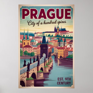 Praag Tsjechië Retro Stadsgezicht Reizen Poster