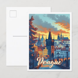 Praag Tsjechische artistieke reisillustratie Briefkaart