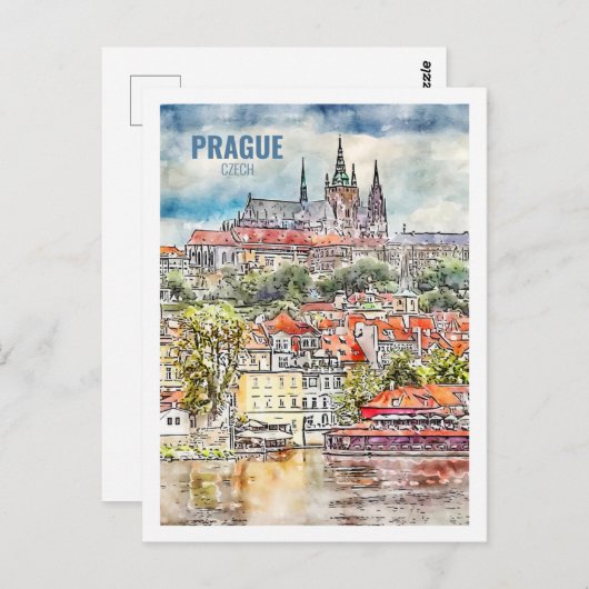 Praag Tsjechische Beroemde Reizen Waterverf Schets Briefkaart (Voorkant / Achterkant)