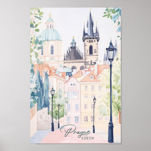 Praag Tsjechische gouache verf illustratie Reizen Poster (Voorkant)
