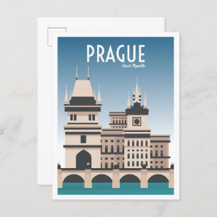 Praag Tsjechische kunst Vintage reisillustratie Briefkaart