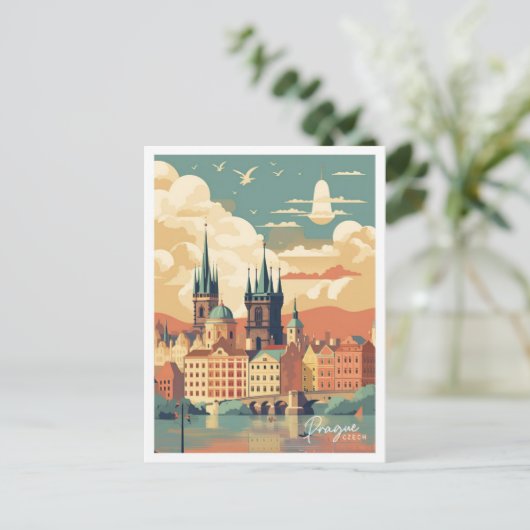Praag Tsjechische kunst Vintage reisillustratie Briefkaart (Staand voorkant)