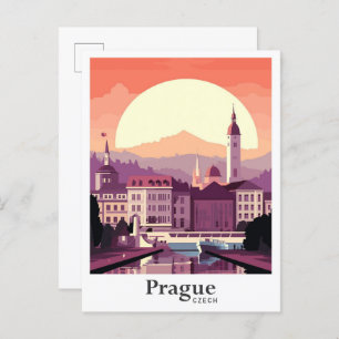 Praag Tsjechische kunst Vintage reisillustratie Briefkaart