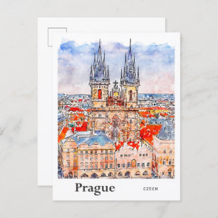 Praag Tsjechische Reis Waterverf Hand getekend Briefkaart