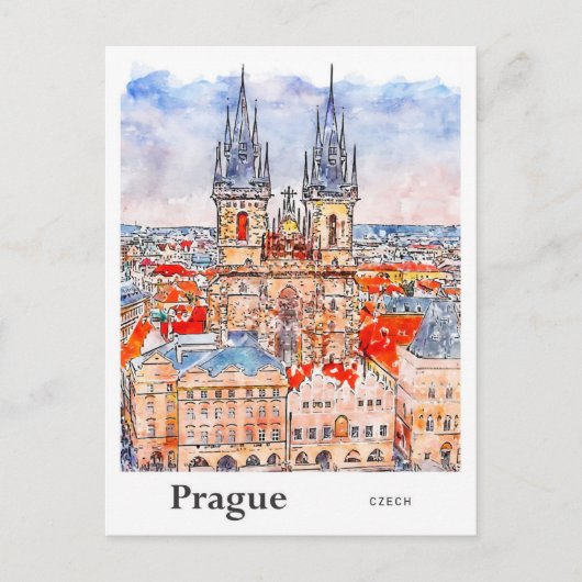 Praag Tsjechische Reis Waterverf Hand getekend Briefkaart (Voorkant)