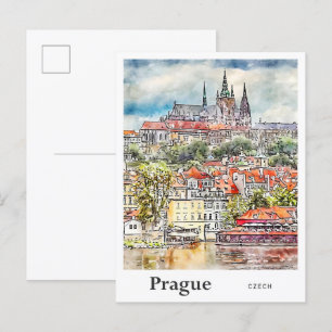 Praag Tsjechische Reis Waterverf Schets Hand getek Briefkaart