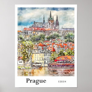 Praag Tsjechische Reis Waterverf Schets Hand getek Poster