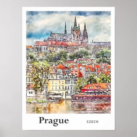 Praag Tsjechische Reis Waterverf Schets Hand getek Poster (Voorkant)