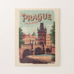 Praag Tsjechische Republiek Reiskunst  Legpuzzel<br><div class="desc">Praag retro vector reisontwerp. Praag,  de hoofdstad van Tsjechië,  wordt doorsneden door de rivier de Moldau. Bijgenaamd "de stad van honderd torens",  staat het bekend om zijn oude stadsplein.</div>