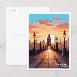 Praag Tsjechische vintage reisillustratie Briefkaart