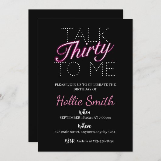 Praat dertig tegen me neon 30e verjaardag uitnodig kaart (Voorkant / Achterkant)