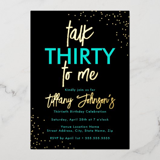 Praat Dertig Tegen Mij Leopard Blauwgroen Goud 30e Folie Uitnodiging (Voorkant)