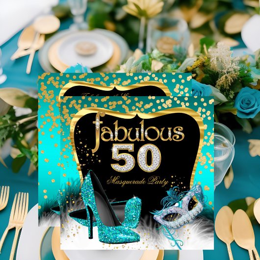 Prachtig 50 Masquerade Feest Teal Goud Kaart
