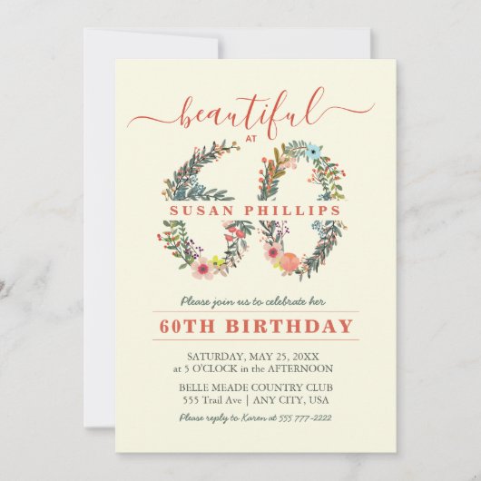 Prachtig bij 60 Floral Number Uitnodiging (Voorkant)