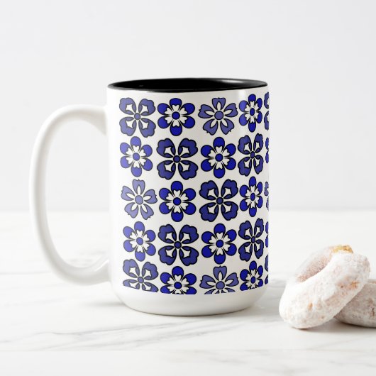 Prachtig blauw bloemen patroon tweekleurige koffiemok (Met donut)