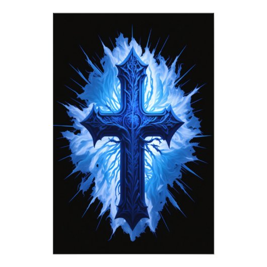 Prachtig blauw Christelijk kruis op zwart | Foto Afdruk (Voorkant)