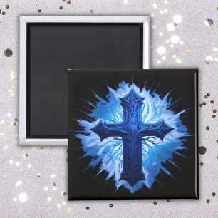 Prachtig blauw Christelijk kruis op zwart   Magneet
