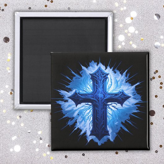 Prachtig blauw Christelijk kruis op zwart | Magneet