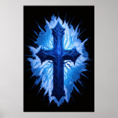 Prachtig blauw Christelijk kruis op zwart | Poster (Voorkant)