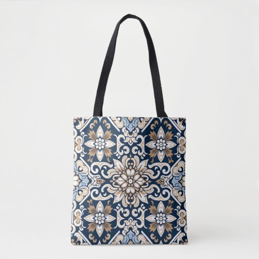 Prachtig blauw en bruin batik bloemmotief tote bag (Voorkant)