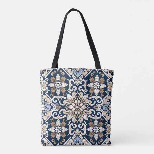 Prachtig blauw en bruin batik bloemmotief tote bag (Achterkant)