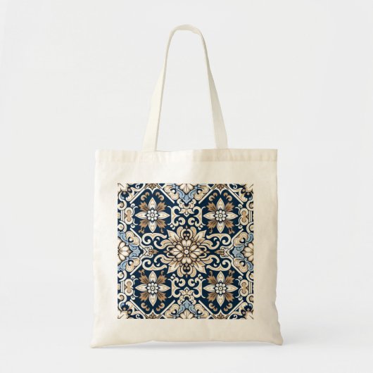 Prachtig blauw en bruin batik bloemmotief tote bag (Voorkant)