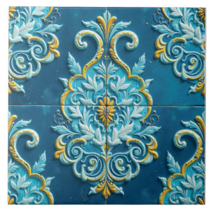 Prachtig blauw en gouden damast ornament tegeltje