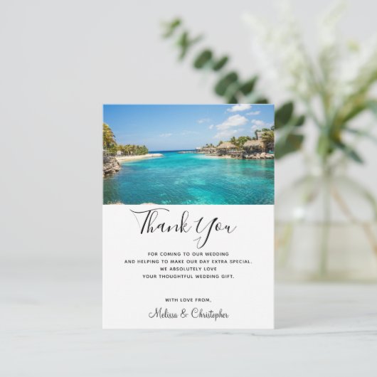 Prachtig blauw tropisch strand dank u bruiloft briefkaart (Staand voorkant)