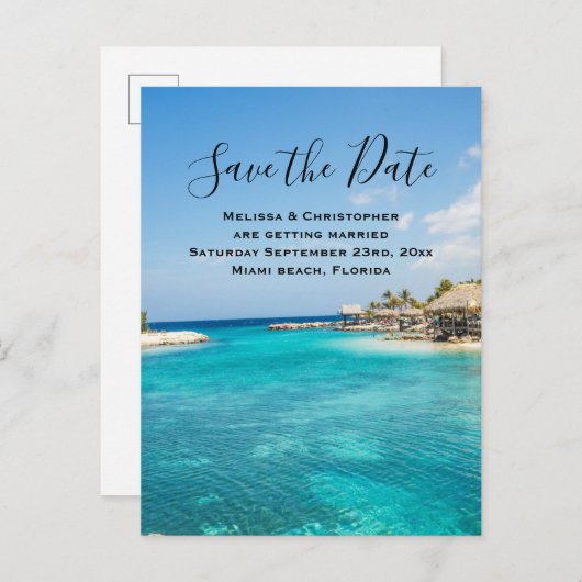 Prachtig blauw tropisch strand Save the Date Weddi Uitnodiging Briefkaart (Voorkant / Achterkant)