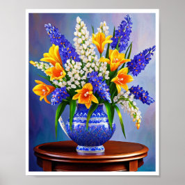 Prachtig blauw vaas Sinaasappel tulpen Art Print P