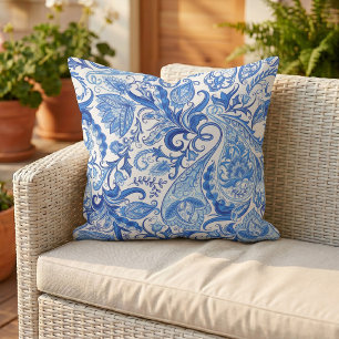 Prachtig blauw-wit bloemmotief met paisley-patroon buitenkussen