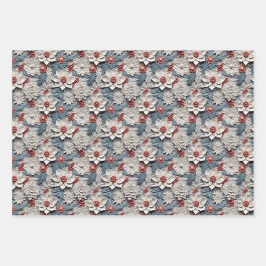 Prachtig Blauw Wit en Rood 3D Poinsettia Inpakpapier Vel (Voorkant 2)