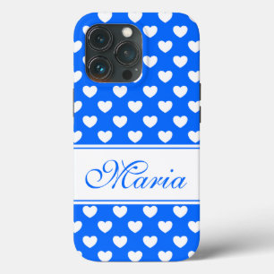 Prachtig blauw wit hartpatroon en Jouw naam Case-Mate iPhone Case