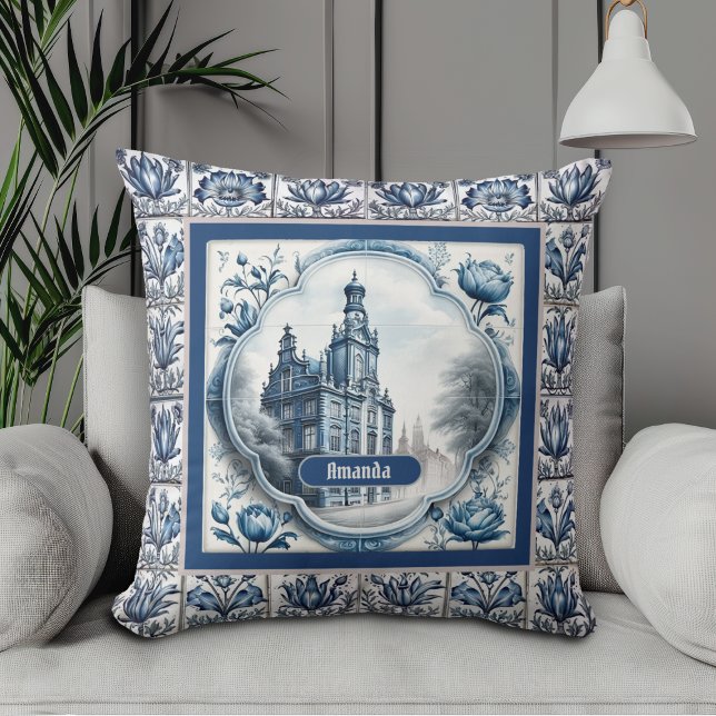 Prachtig bloemenpaleis chinoiserie toile monogram kussen (Creator heeft geüpload)