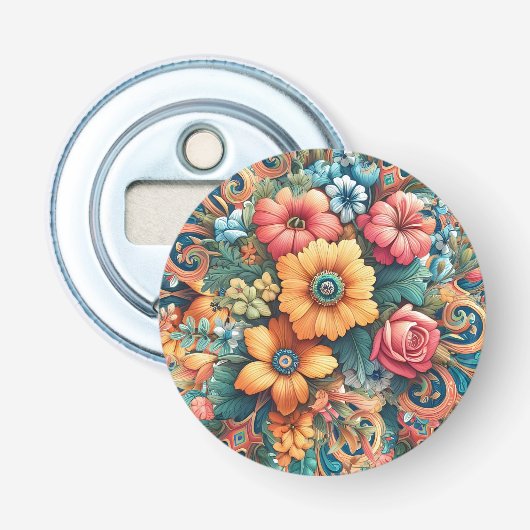 Prachtig boeket bloemen button flesopener (Voorkant)